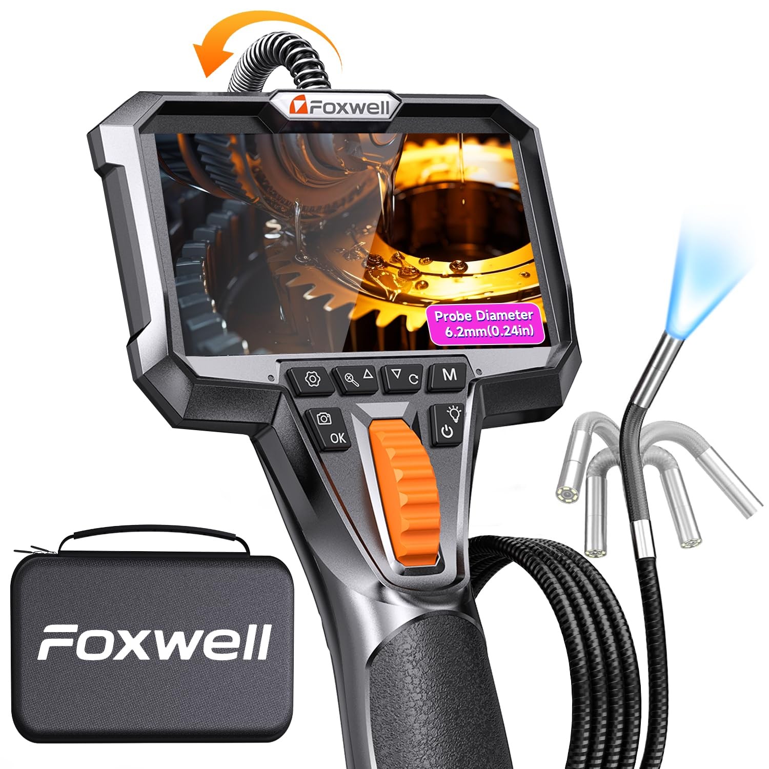 FOXWELL Y400 Two-Way Articulating Borescope with Light, 0.24in 6.2mm, Black