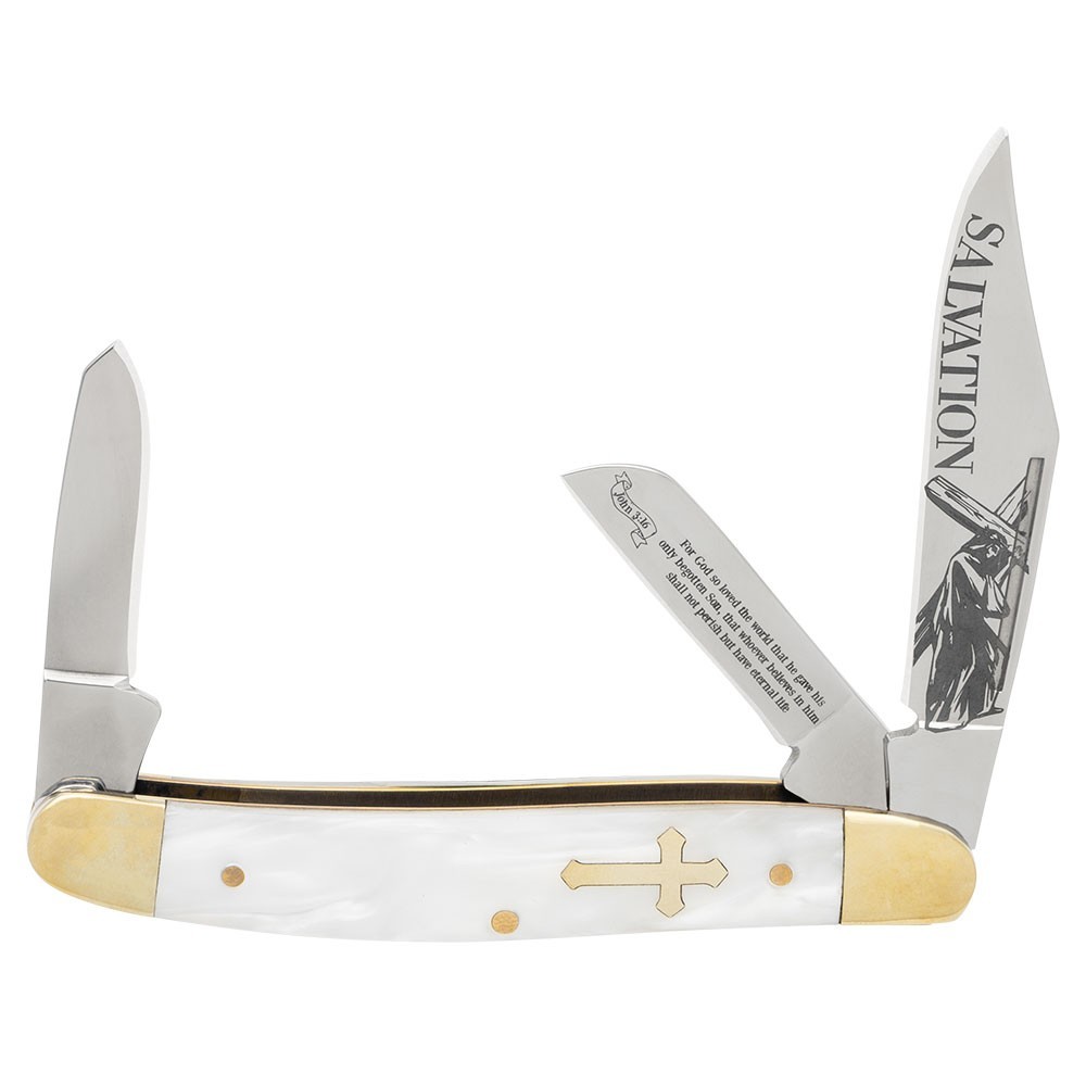 Christian Stockman Pocket Knife | John 3:16 Engraving | Pearl Handle