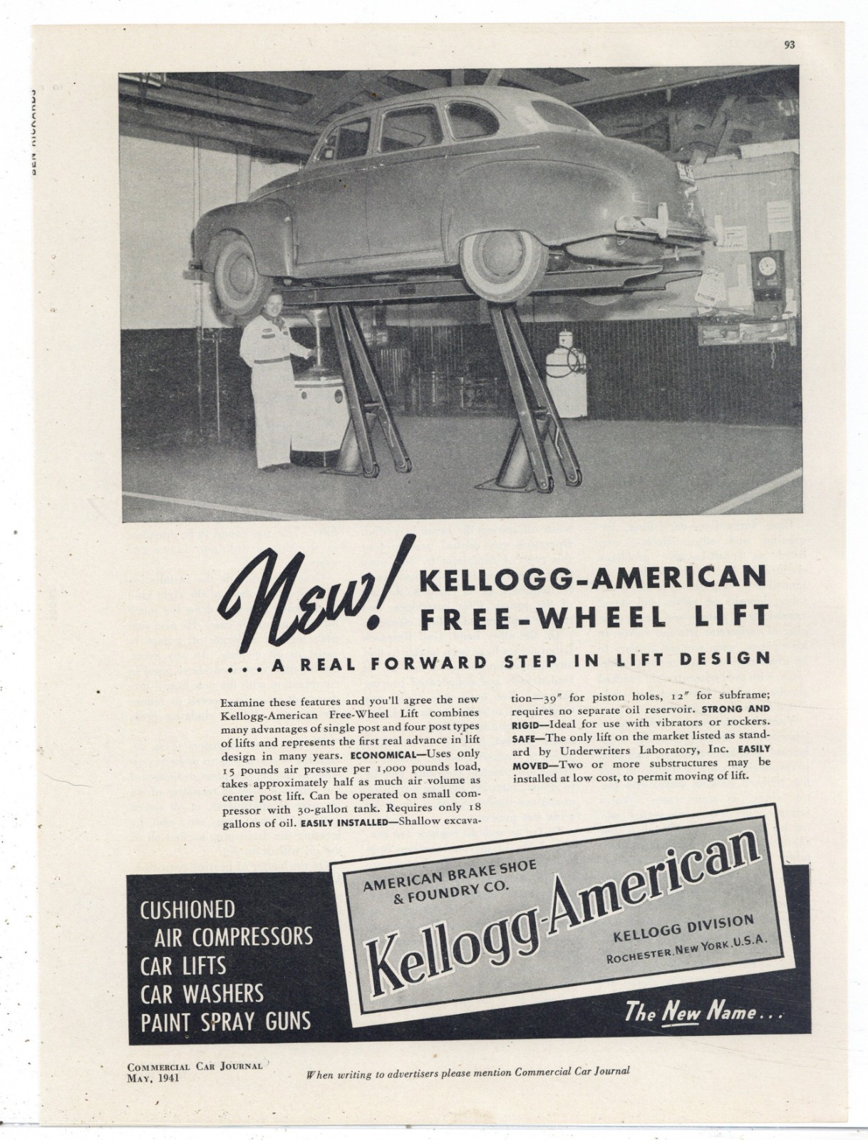 1941 Kellogg American Free Wheel Lift Ad: Auto Shop Car Lift, Rochester New York