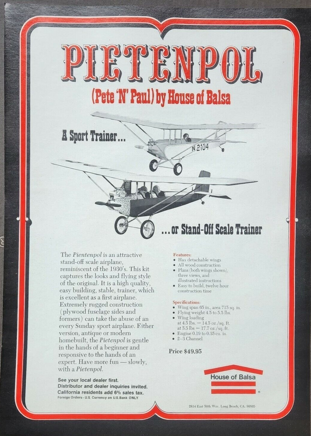 Pietenpol Sport Trainer Airplane House of Balsa Ephemera Wall Art Decor