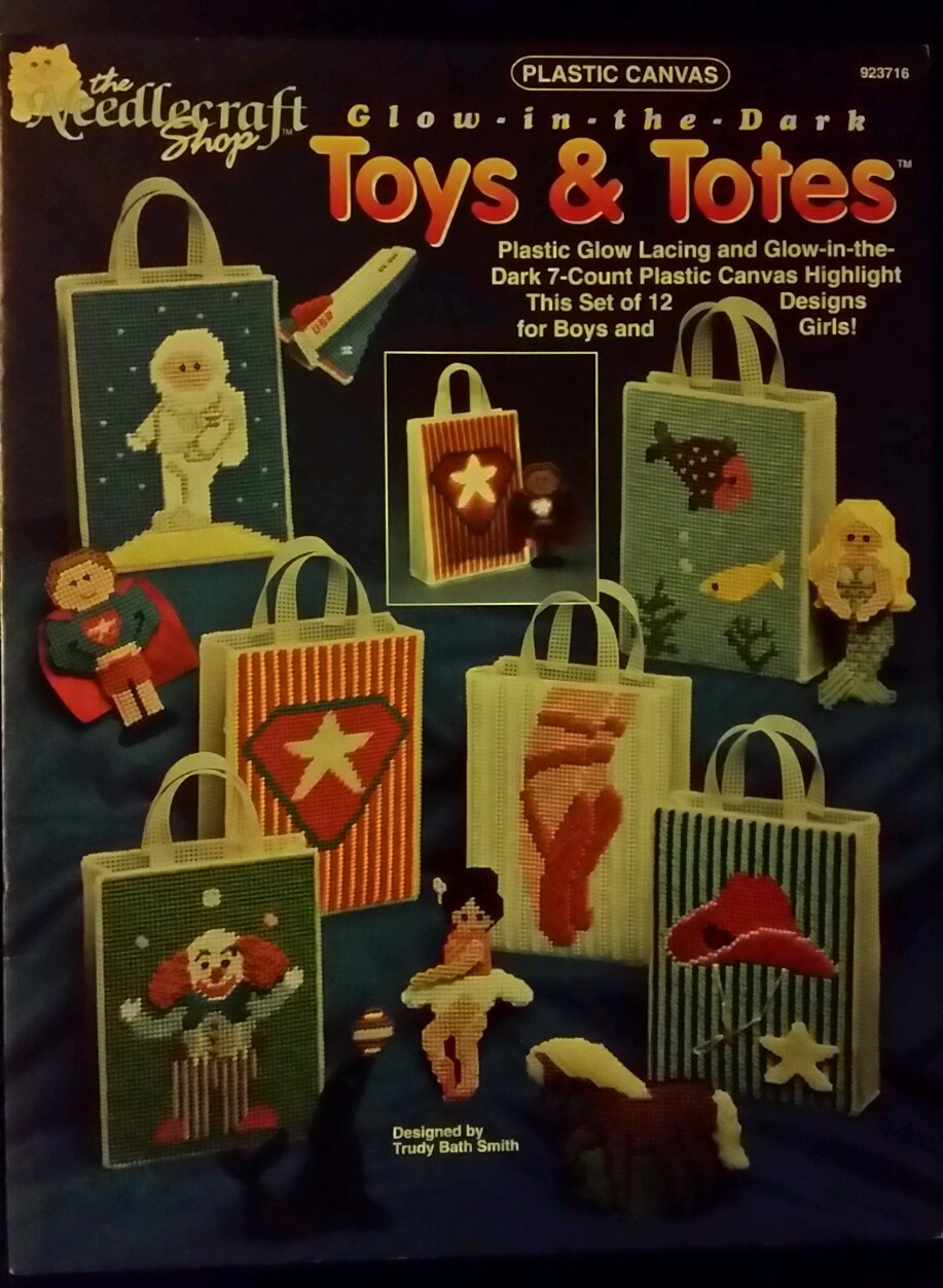 M25 THE NEEDLECRAFT SHOP 1992, GLOW IN THE DARK TOYS AND TOTES  PLASTIC CANVAS