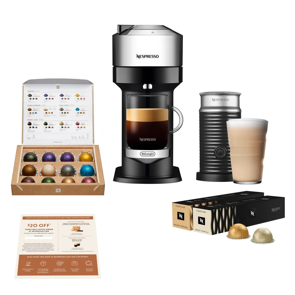 Nespresso Vertuo Next Deluxe with Aeroccino 3 and 32 Capsules NEW