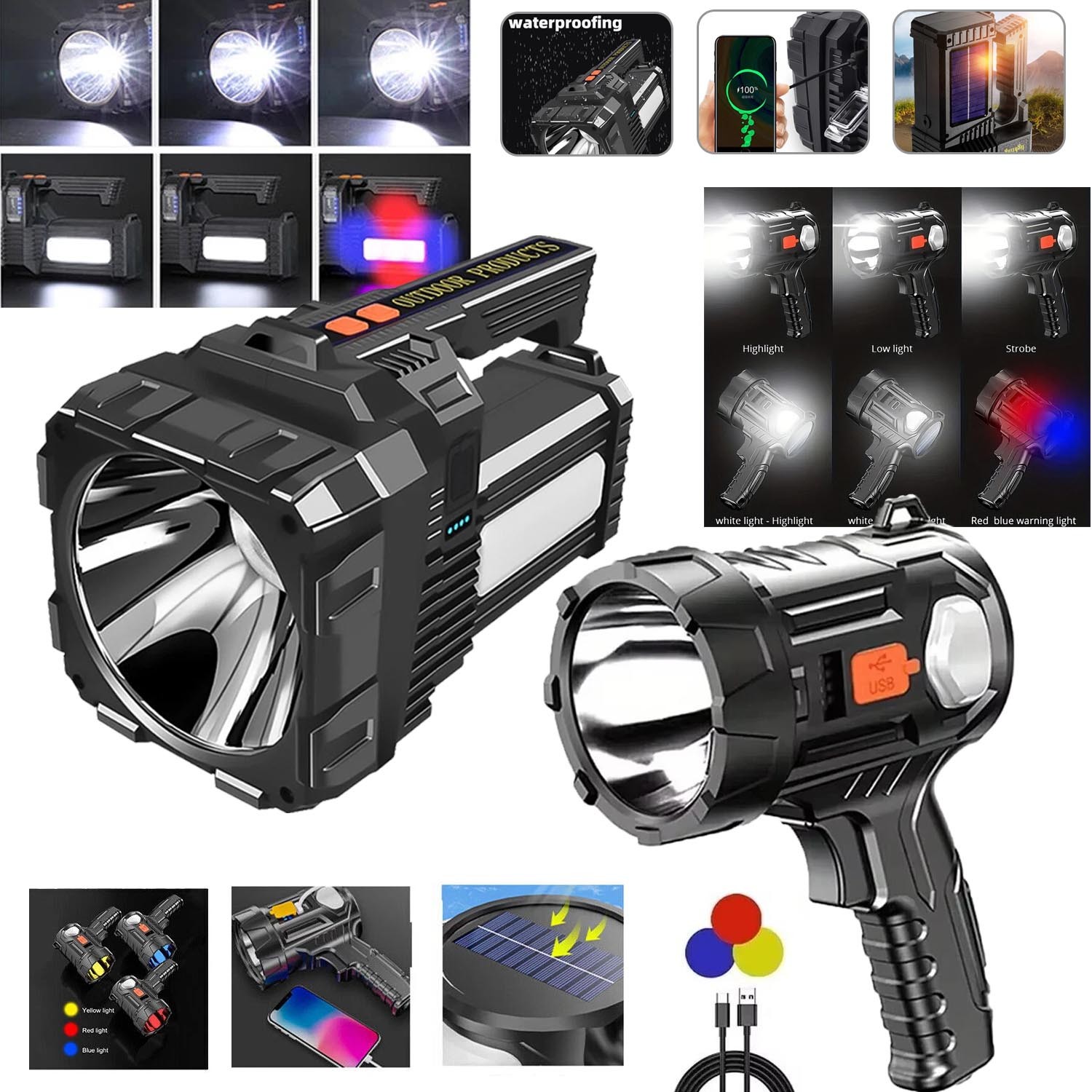 Portable Super Bright LED Searchlight Handheld Spotlight Flashlight Rechargeable
