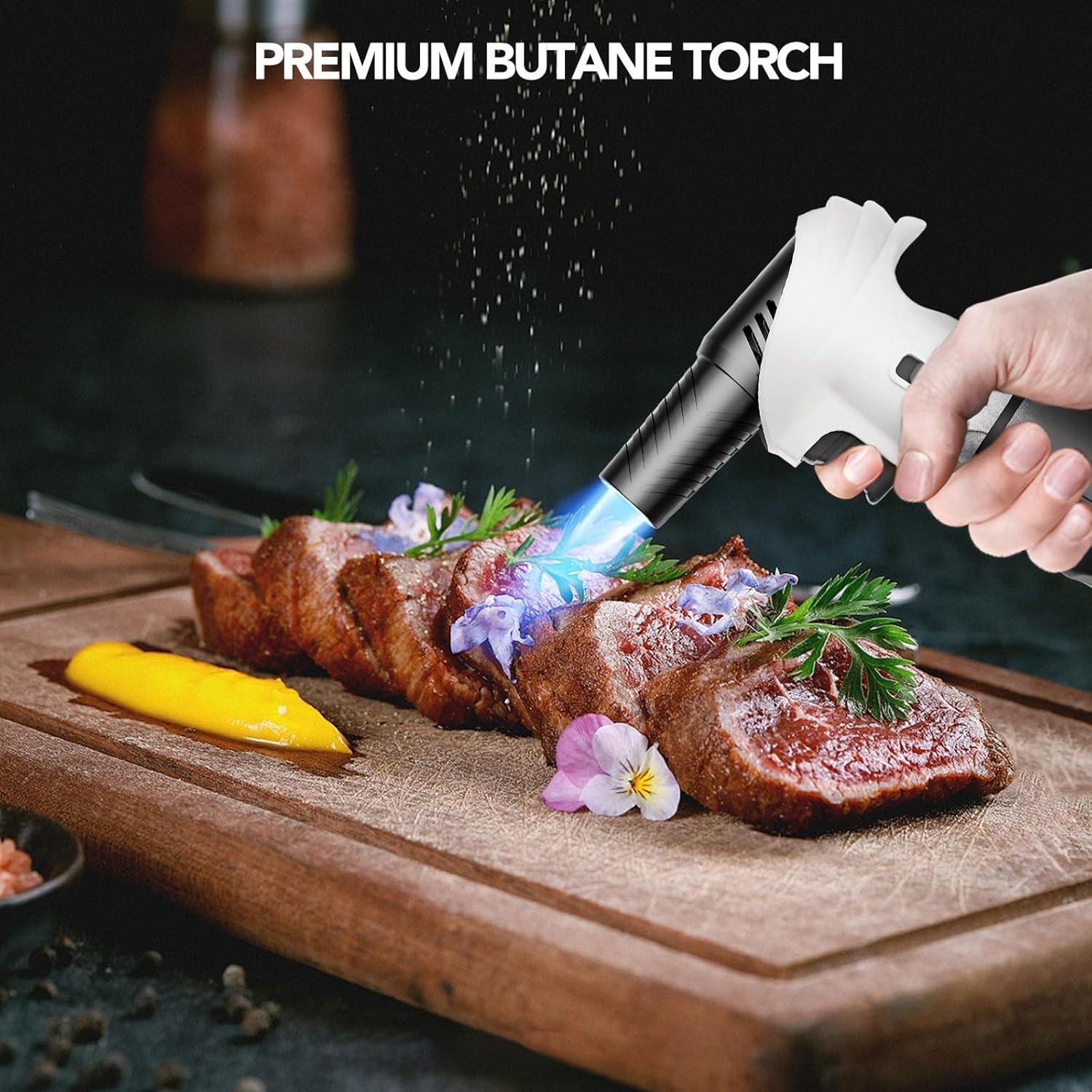 Butane Torch Lighter Adjustable Flame Refillable 0-90° Rotating Head White Black