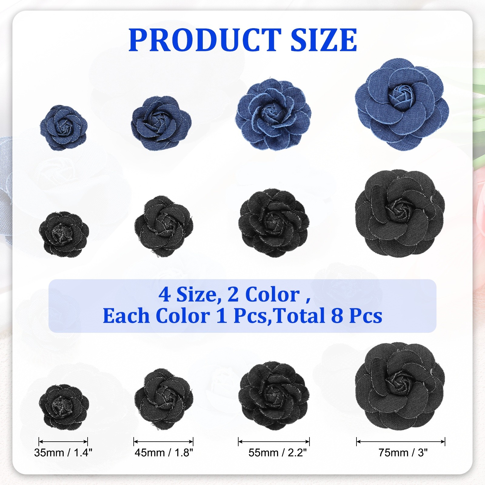 8PCS 4 Sizes Fabric Flower, Denim Cloth Flowers, Blue/Black