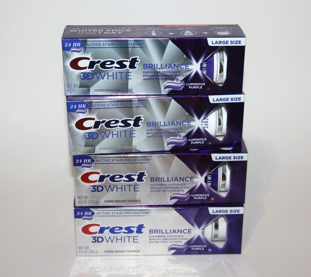 LOT (4) CREST 3D WHITE BRILLIANCE LUMINOUS PURPLE TOOTHPASTE 4.6 OZ EXP 7/2028