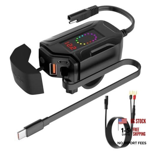 Motorcycle USB Charger, Retractable Type-C & Dual USB Fast Charging,