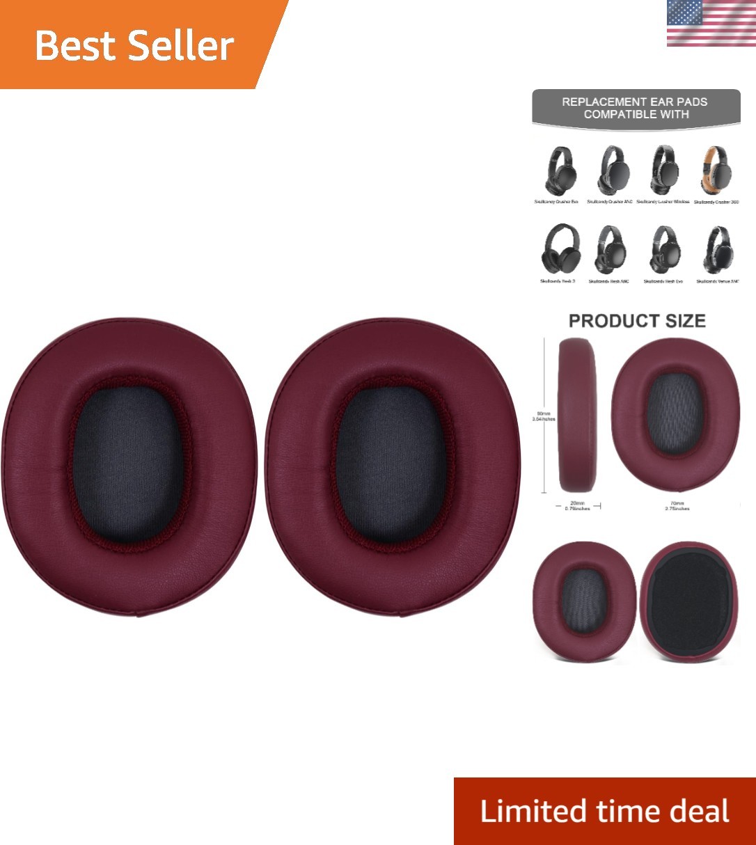 Replacement Burgundy Leather Ear Pads for Skullcandy Headphones