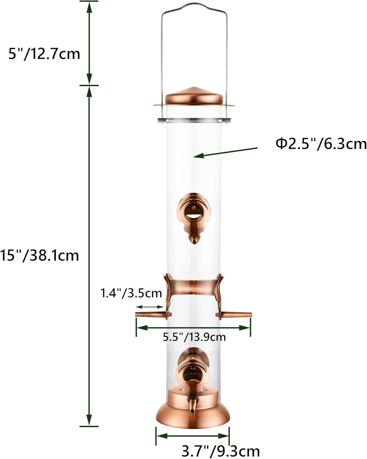Bird Feeders for Outdoors,15 Inch 6 Ports Metal 15inch,1 Pack, Copper