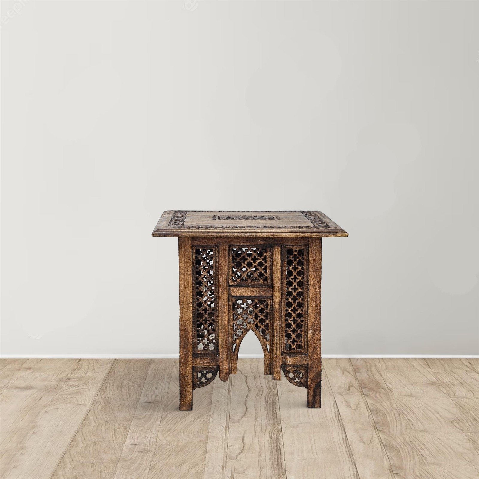 21 Inch Boho Side End Table- Floral Carved Details- Foldable Panel Legs