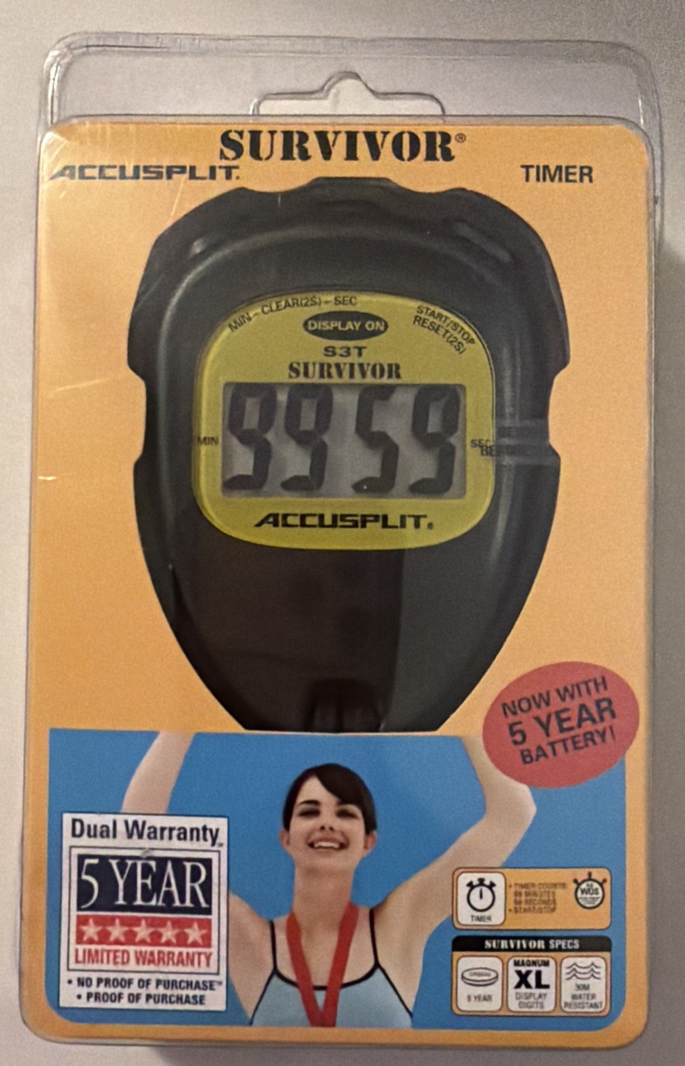 Accussplit S3T Survivor Timer Stop Watch Yellow  Brand New In Package.