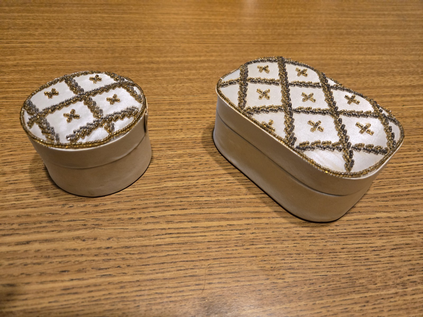 VINTAGE FABRIC TRINKET BOXES CREAM WITH GOLD BEADWORK ROUND AND RECTANGLE SET