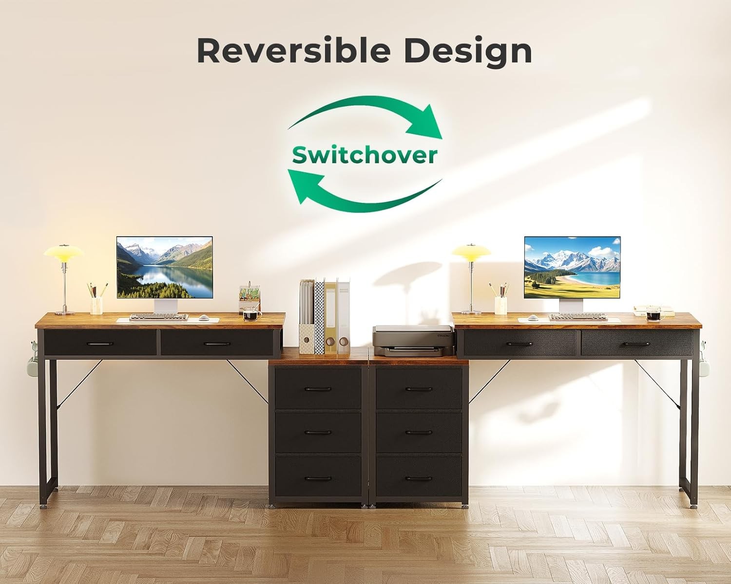 ODK Computer Desk with 5 Drawers,53'' Office Desk with Printer Shelf, Reversible