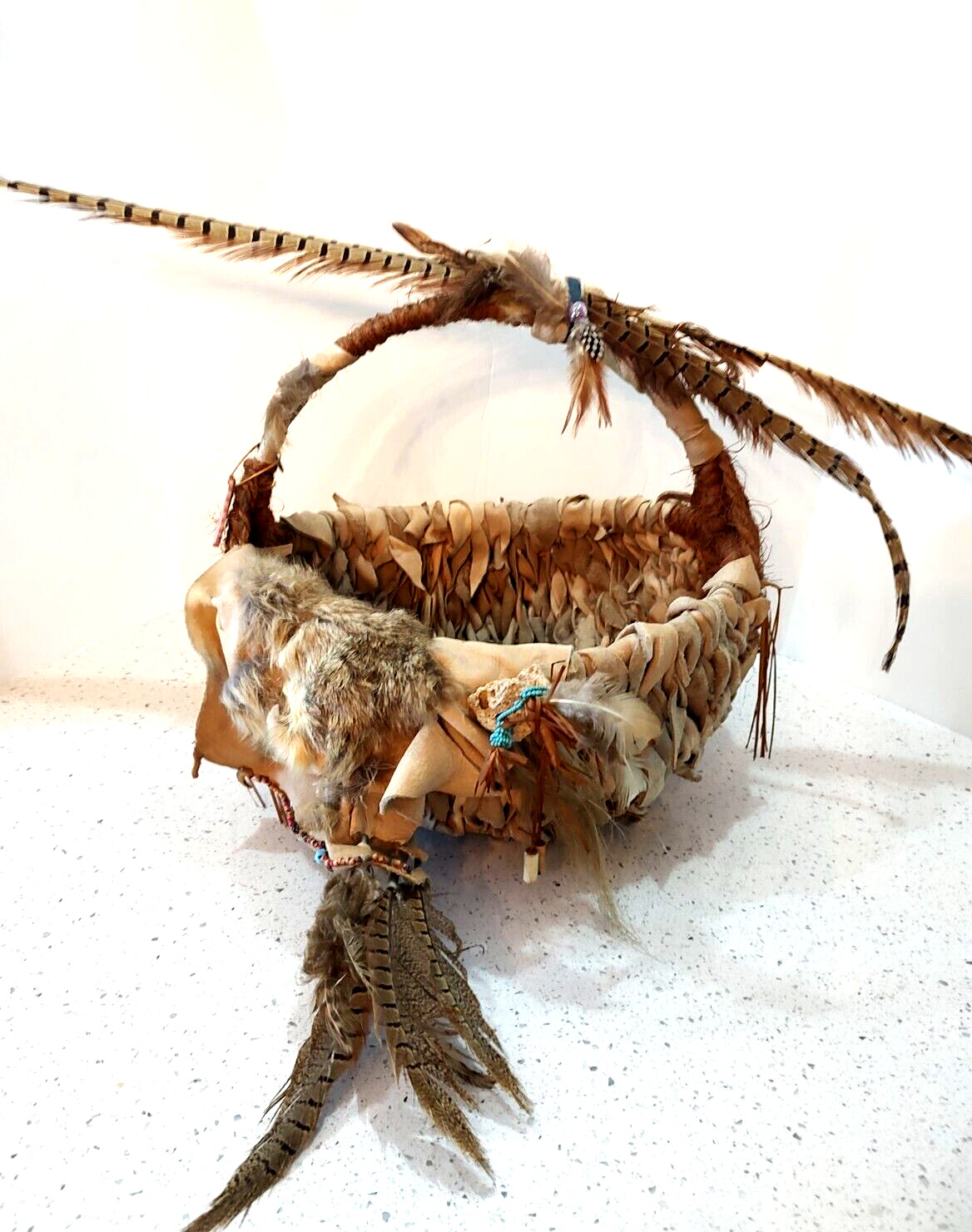 Spirit Basket Leather Feather Hide Fur 12" x 13"