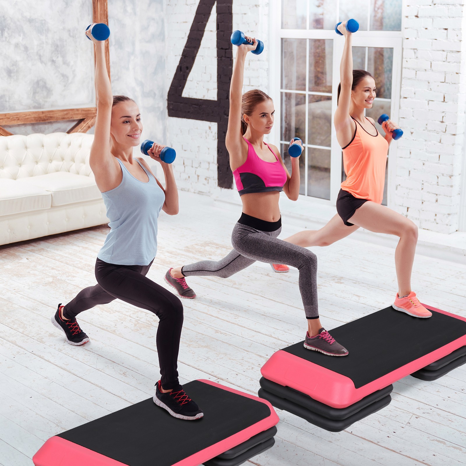 43'' Aerobic Step Platform Exercise Adjustable Workout Stepper with 4 Riser Pink