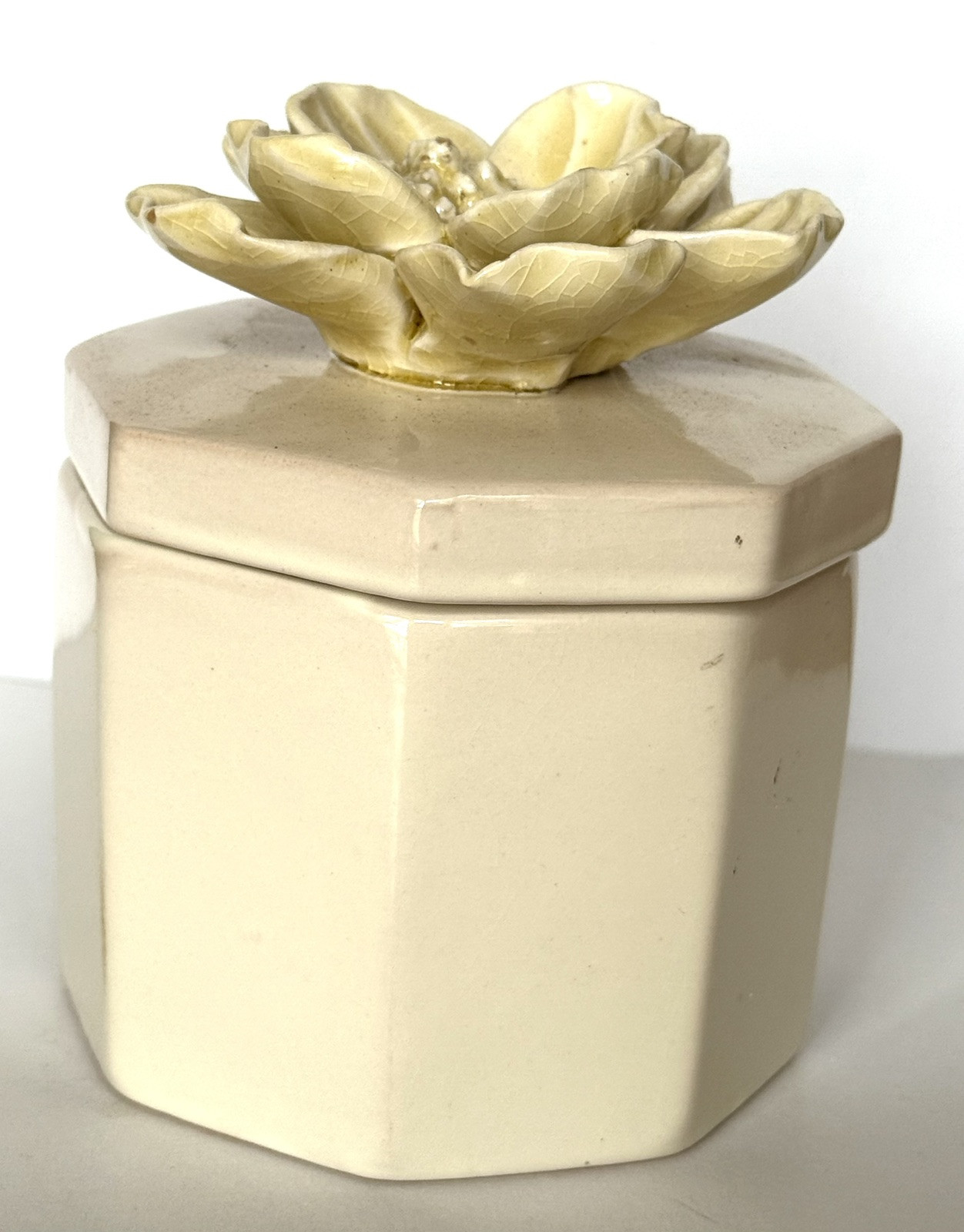 Octagon Trinket Box w/ Flower Top Ceramic 4.75” Tall Jewelry Holder