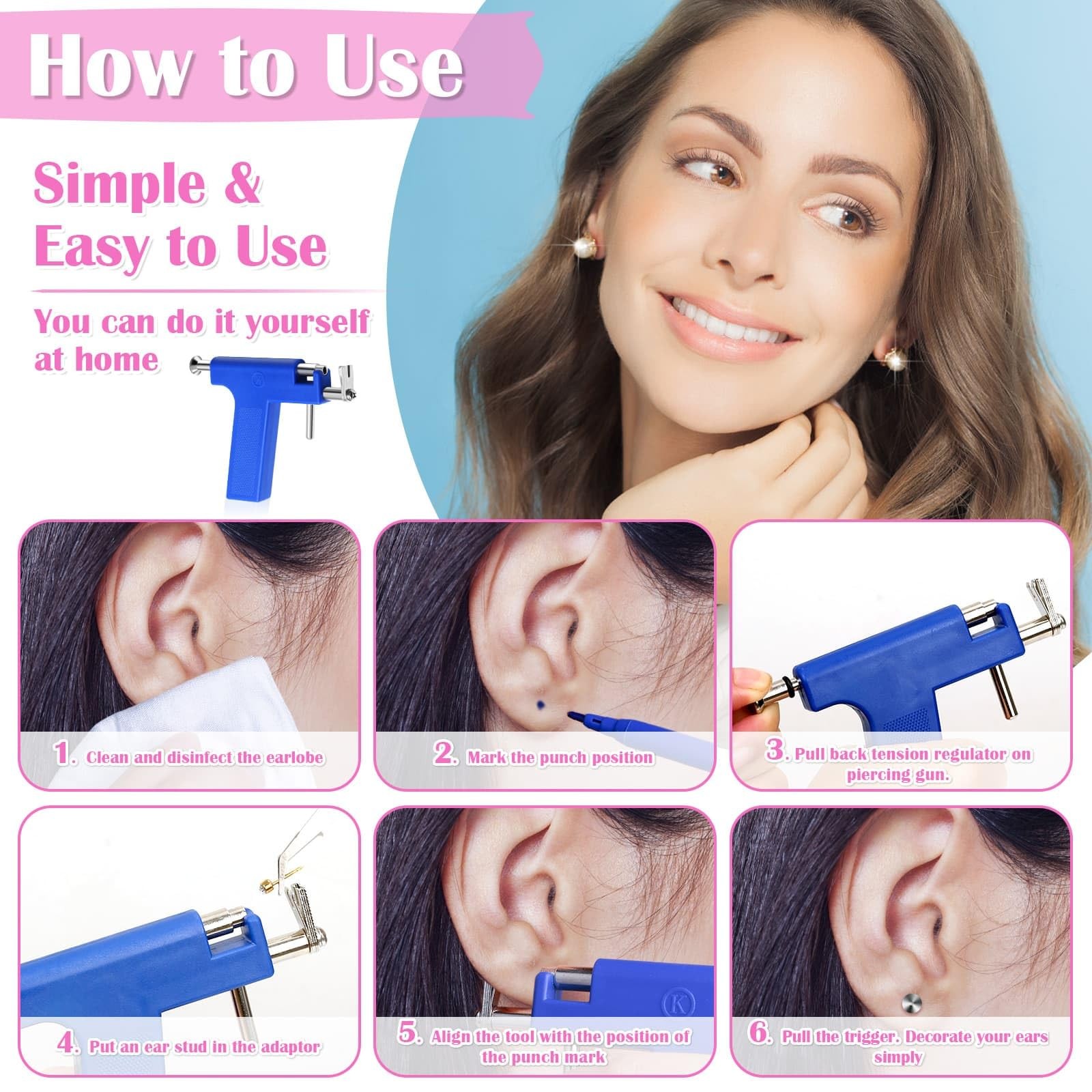 Ear Piercing Gun Kit, Reusable Nose Machine with Blue