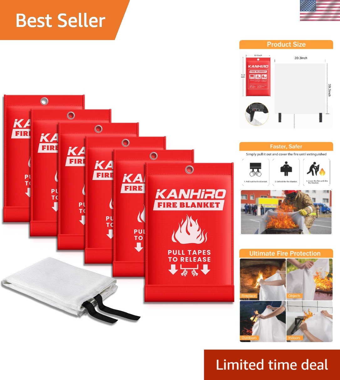39x39 Emergency Fire Blanket - Essential Safety Gear for Home & School, 6 Pack