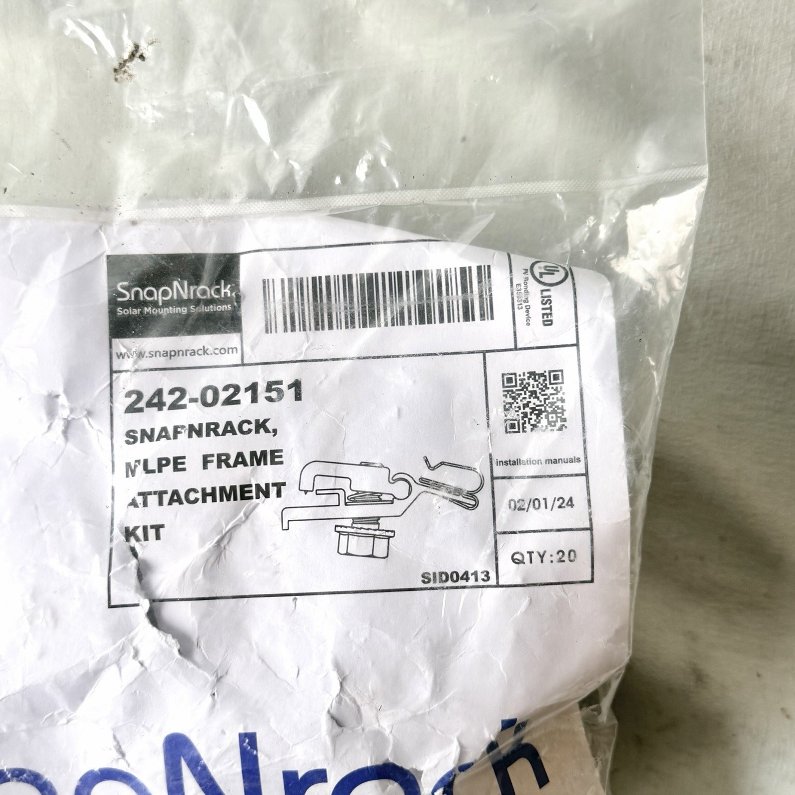 Lot Of 20 SnapNrack 242-02151 MLPE Solar Panel Frame Attachment Kit