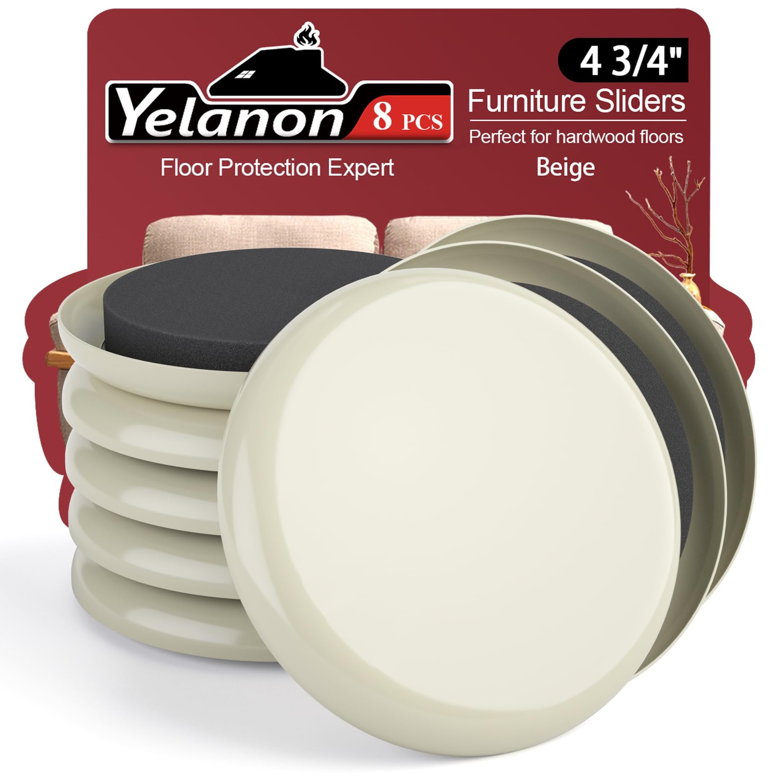 Furniture Sliders 8 pcs-4 3/4” Round Beige Furniture Sliders for Carpet Furni...
