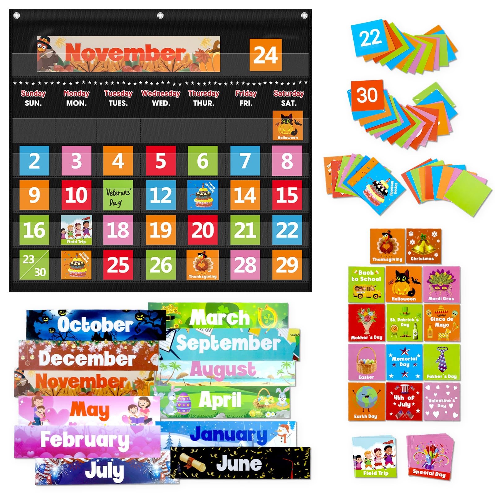 Classroom Calendar Pocket Chart with 88 Cards - Ideal for Homeschool Classroo...