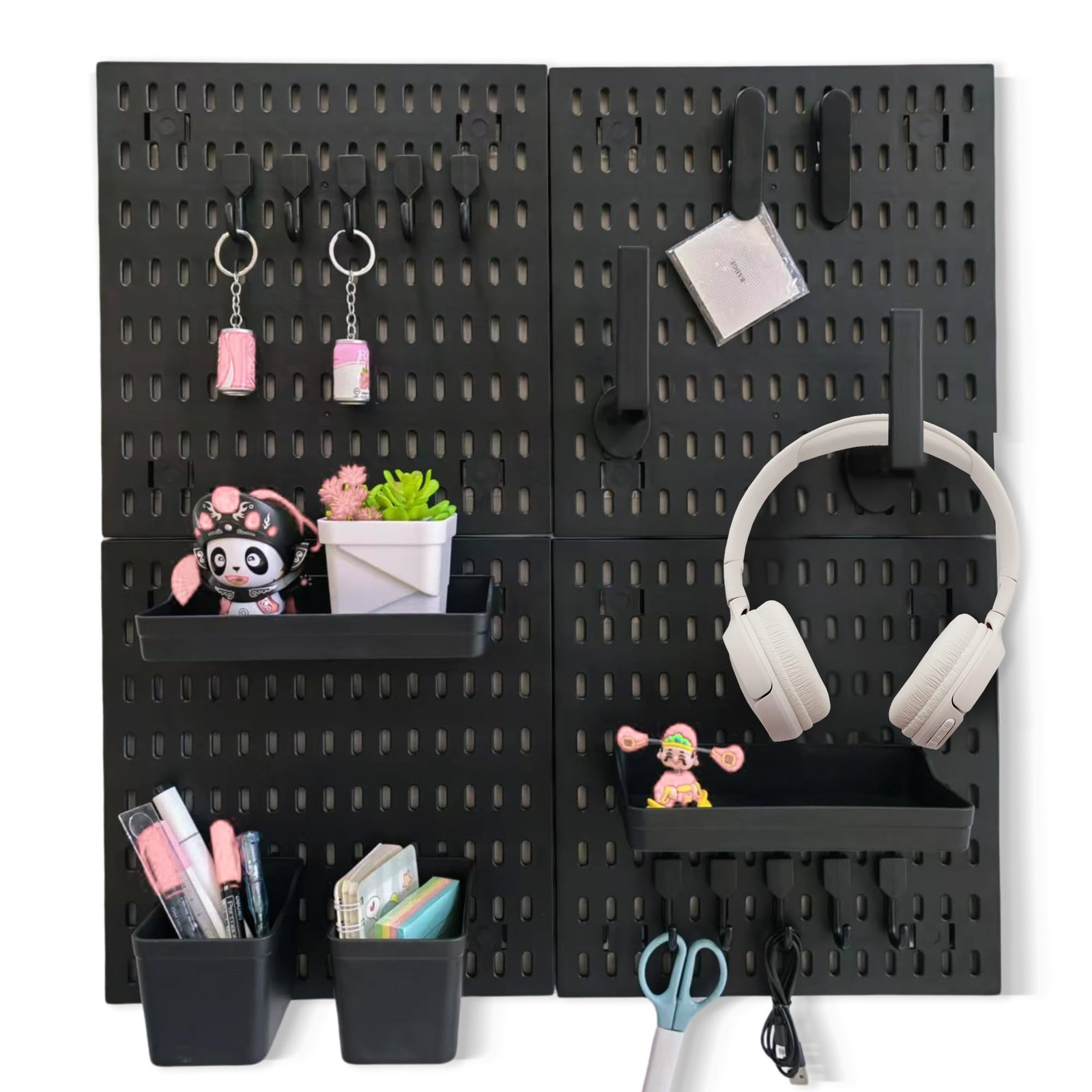Black Pegboard Organizer Set with Hooks & Storage Boxes, Desk or Wall Peg Boa...