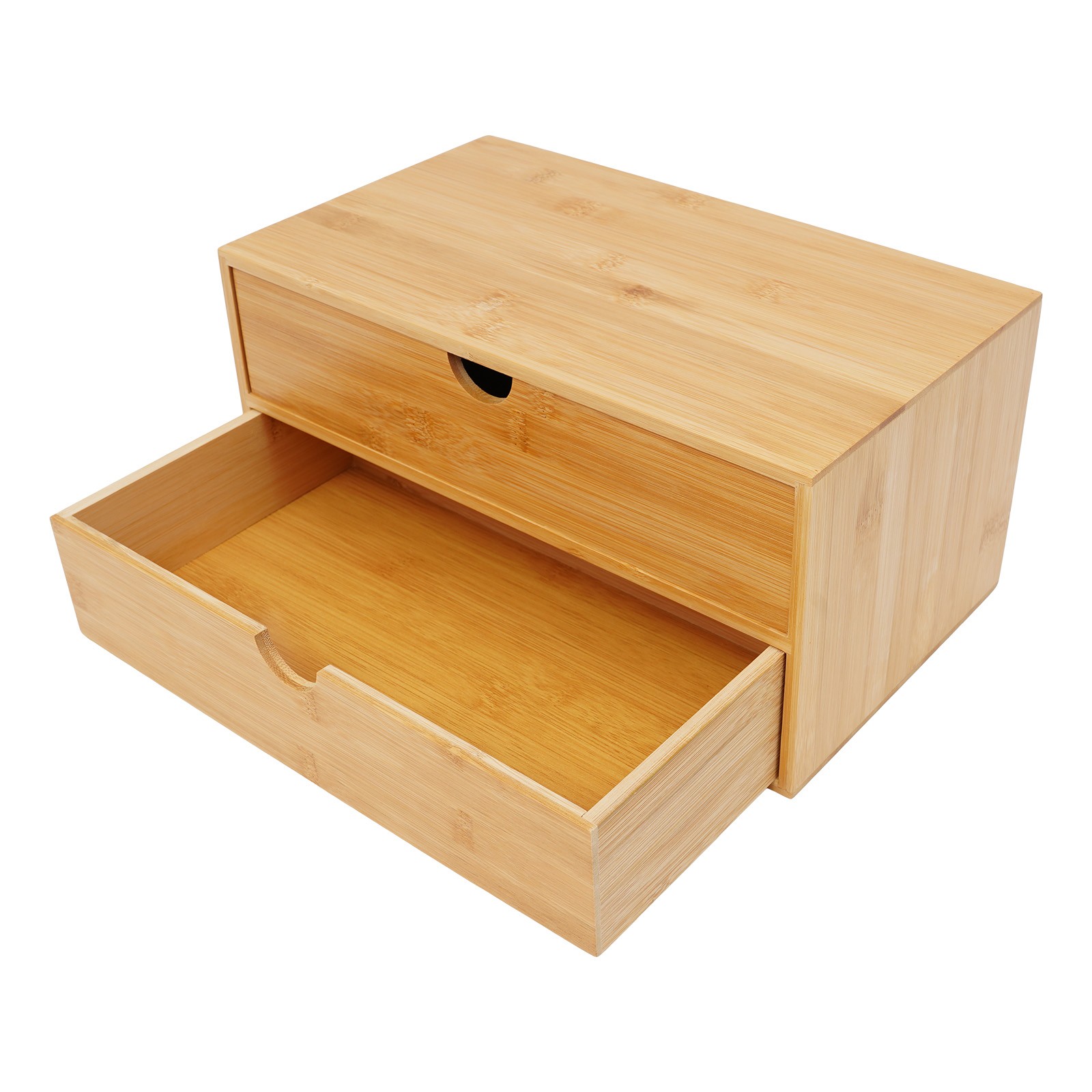 Small Bamboo Organizer for Desk, Tabletop Storage Organization Box with 2 Drawer