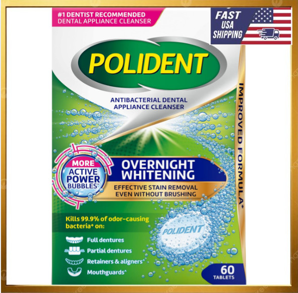 Polident Overnight Whitening Antibacterial Dental Appliance Cleanser Tablets, 60