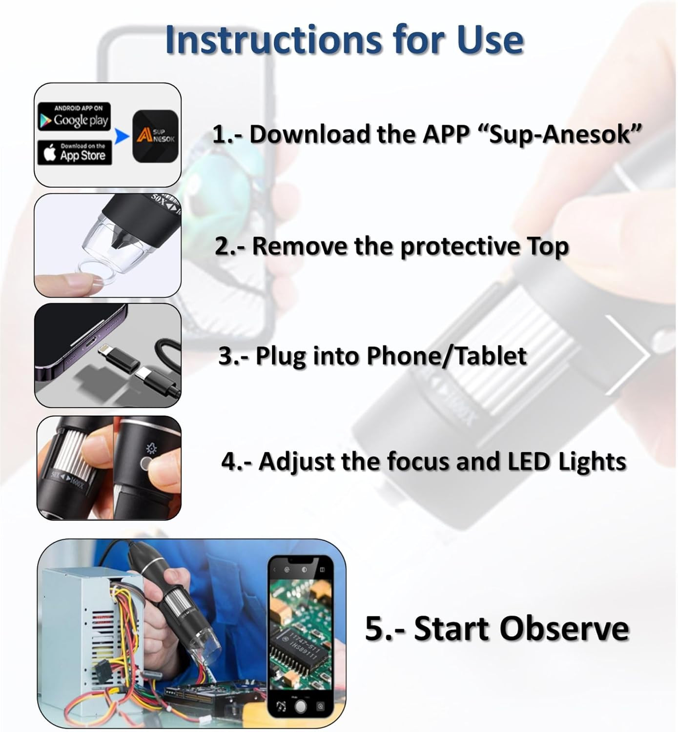 USB Digital Microscope, 50X-1600X Magnification Handheld, 1920P HD 8 LED Lights,