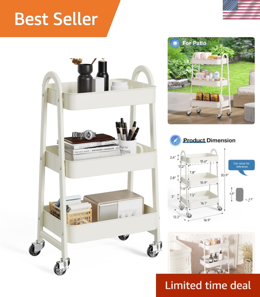 Rolling Storage Cart with Lockable Wheels Metal Utility Organizer Shelf White