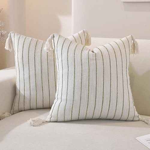 Decorative Boho Throw Pillow Covers 20" x 20" (Pack of 2) Dusky Green Striped