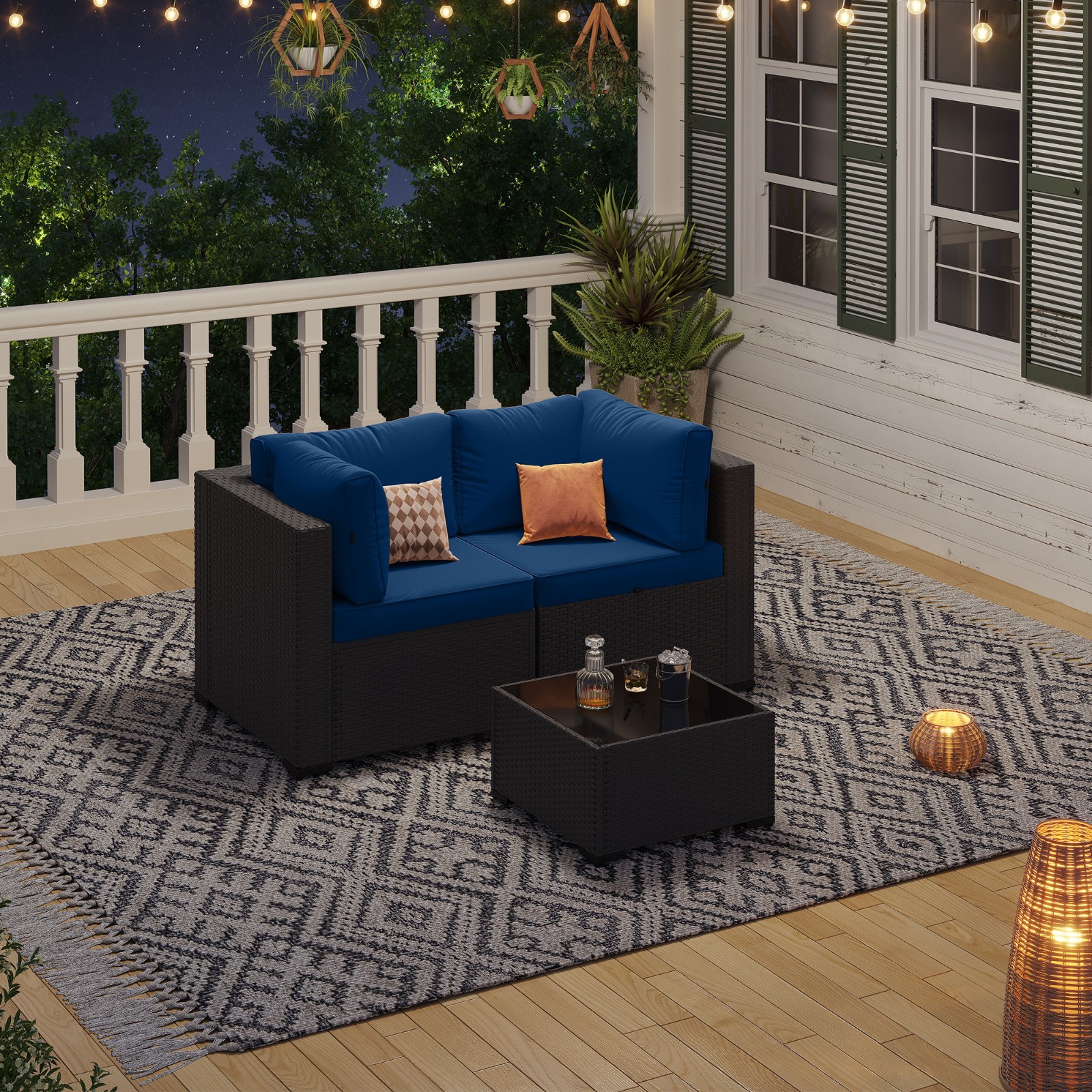 3-Piece Black Rattan Sofa Set Navy Blue Cushions Coffee Table