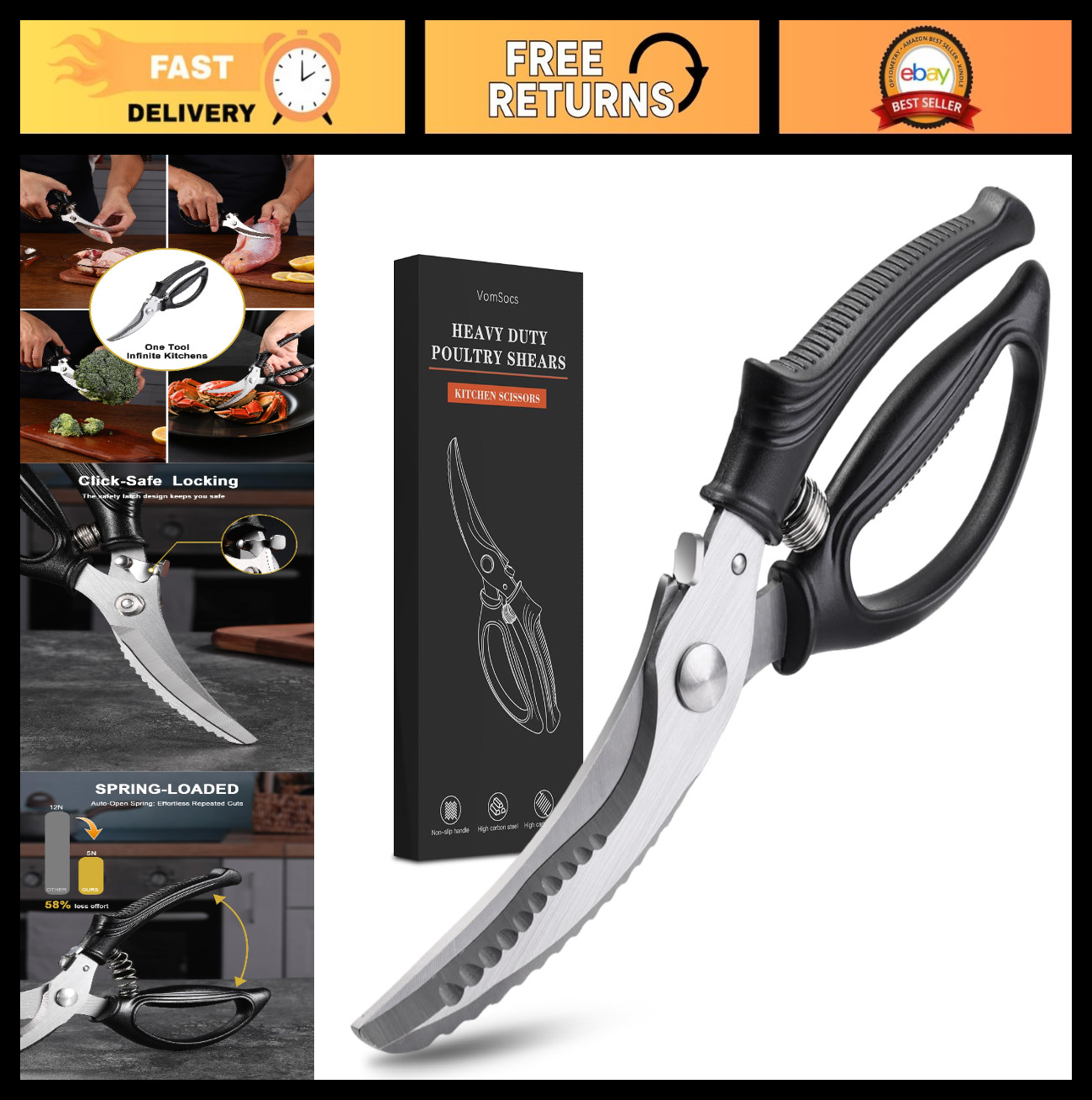 Heavy Duty Poultry Shears - Spring Loaded Kitchen Scissors for Meat, Chicken & T