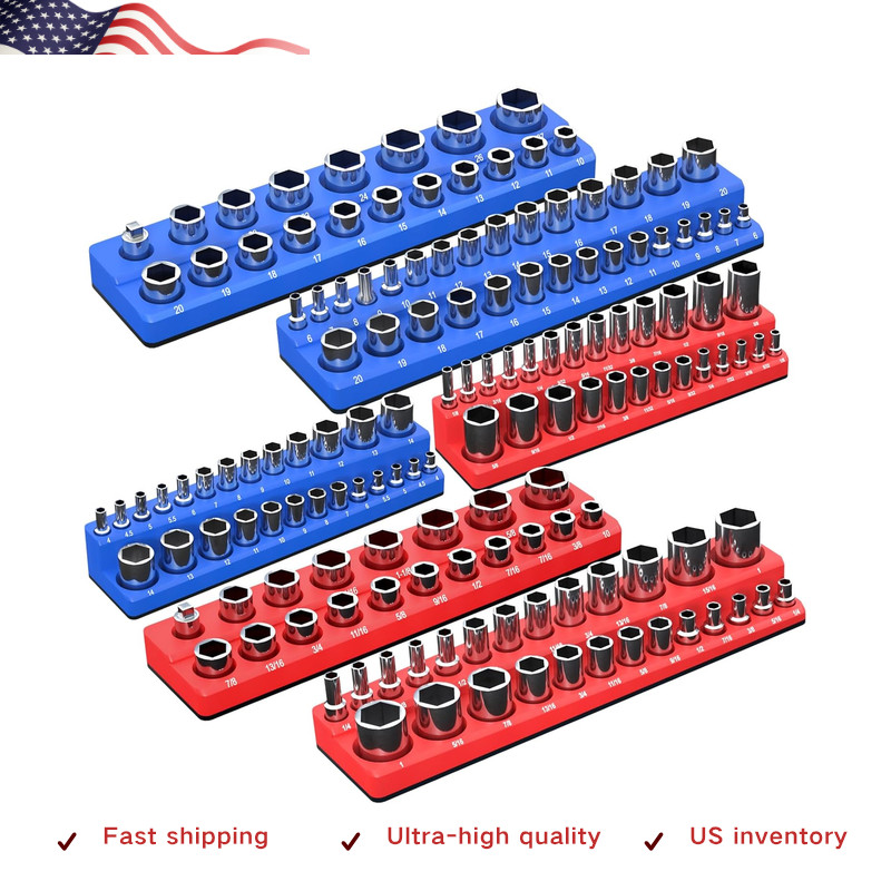 Socket Organizer Set, 6-Piece Tray 1/4 3/8 1/2 Drive, Holds 143 Sockets Red+Blue