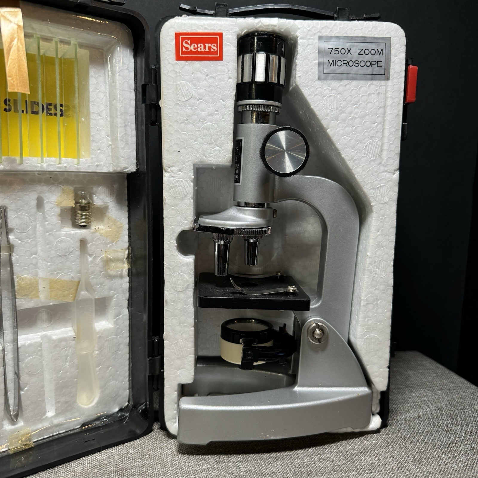 Vintage Sears Microscope Set w/Case 750X Zoom Slides Science Lab Kit