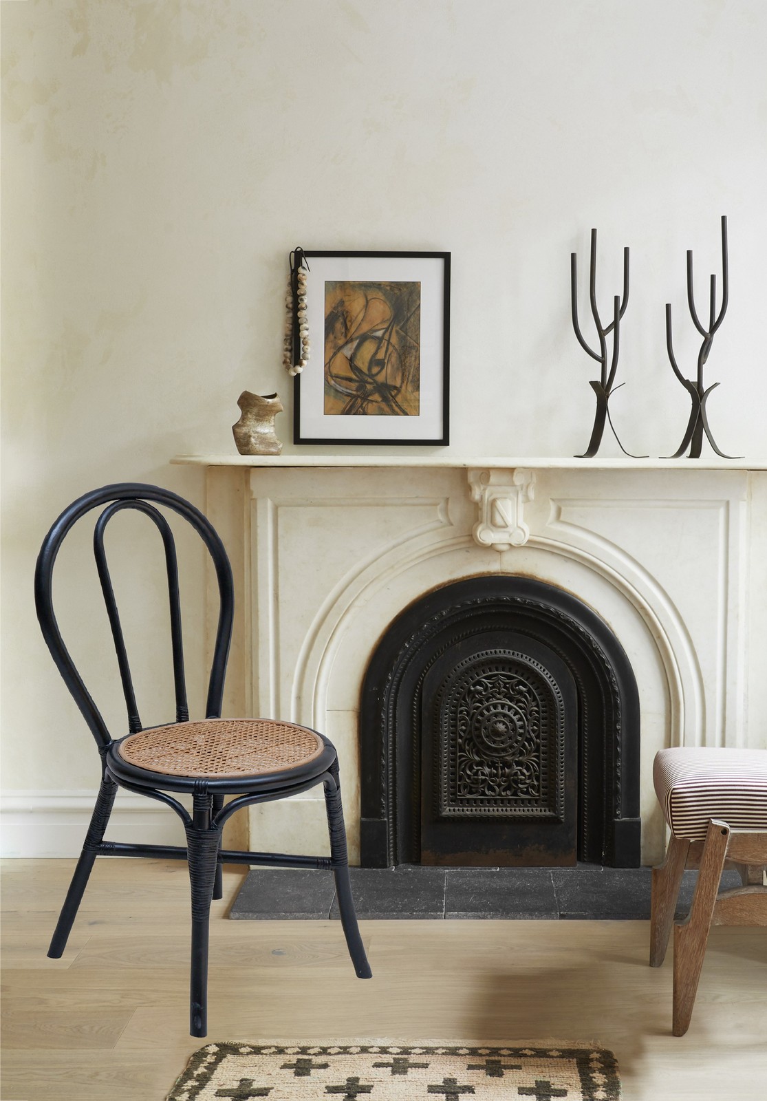 Set of 2 Black Rattan Dining Chairs, 35.5" High, Woven Back, Modern Kitchen
