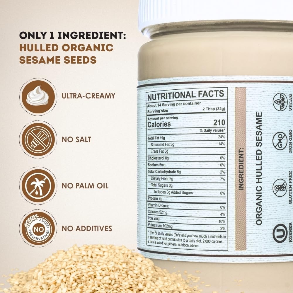 Organic Tahini Paste 16 oz (1lb) - Smooth Tahini Organic from Hulled Sesame S...