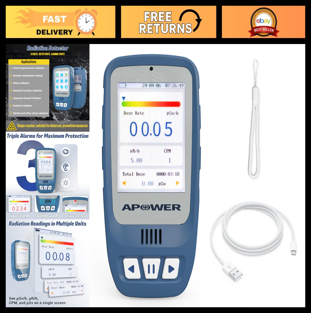 Portable Geiger Counter Radiation Detector - Handheld Dosimeter for Beta, Gamma