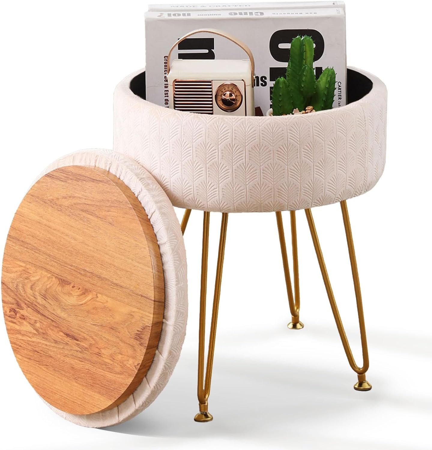 Velvet Storage Ottoman Round Footrest Stool Multifunctional Upholstered Ottoman