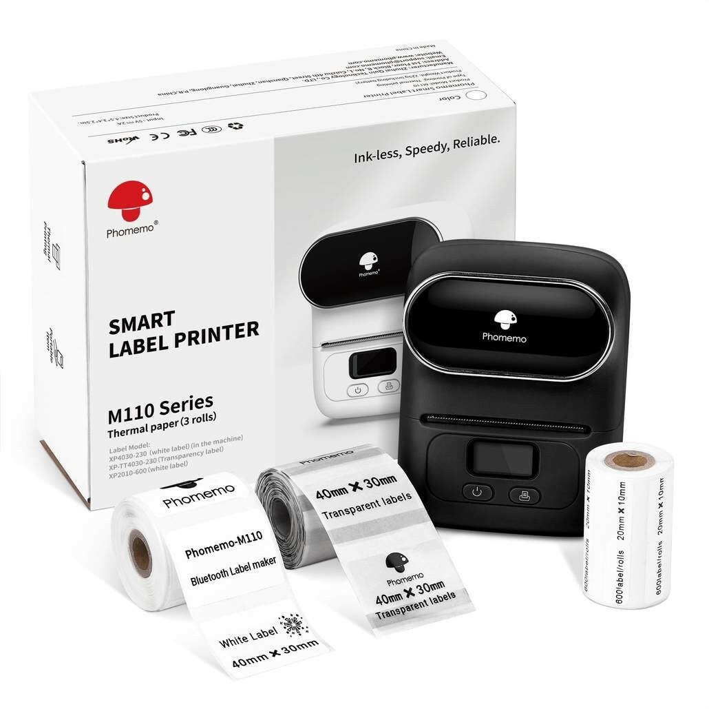 Phomemo M110 Pocket Thermal Printer Mobile Bluetooth Label Maker + 3 Rolls Paper