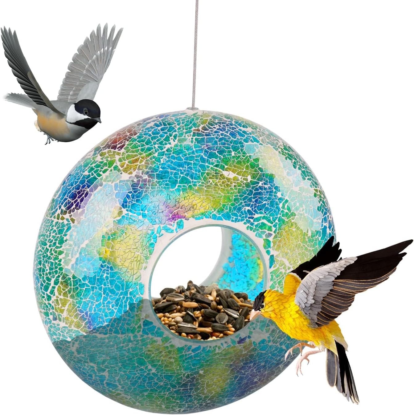 Mosaic Bird Feeder - Outdoor Fly Through Wild Hanging Feeders with Blue