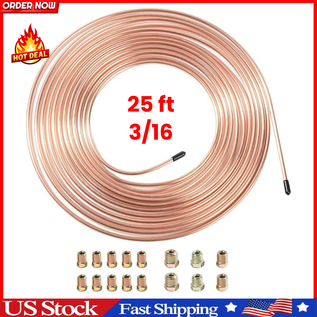 25 Ft. 3/16 OD Copper Nickel Brake Line Tubing Coil and Fitting Kit, 25 Ft of 3/