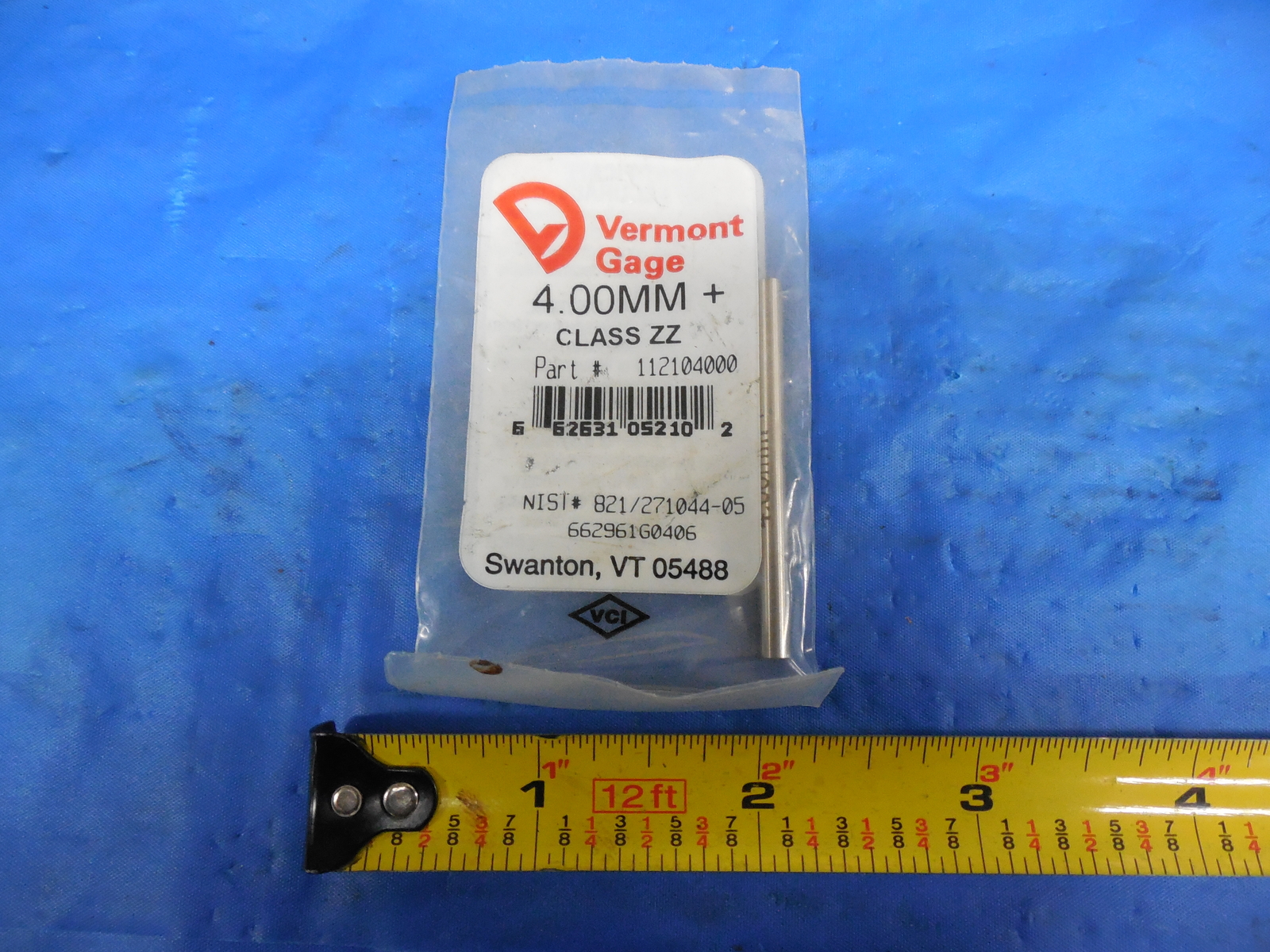 4.00 mm + CLASS ZZ PIN PLUG GAGE VERMONT PART # 112104000 SMOOTH 4 mm METRIC