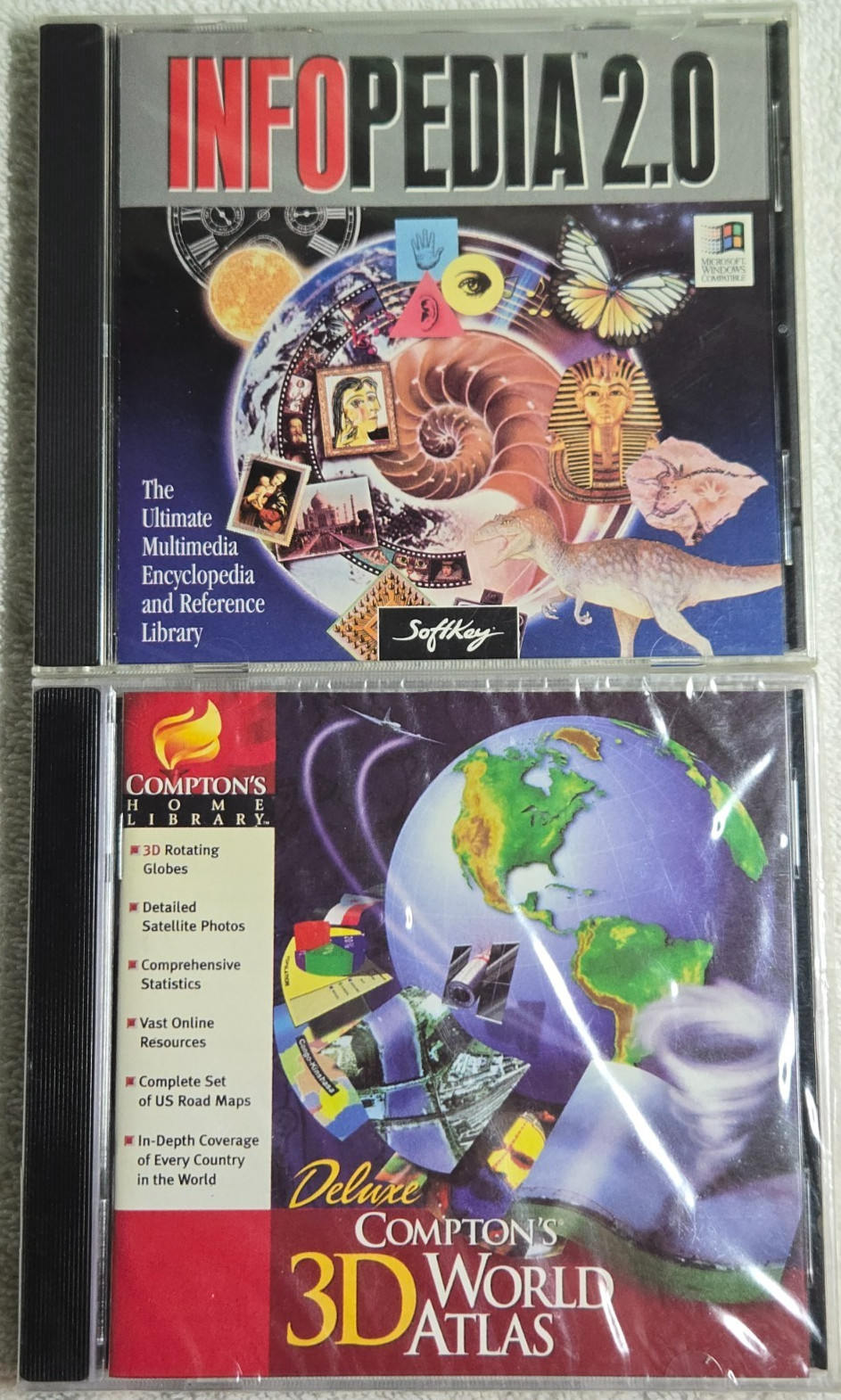 InfoPedia 2.0 + Comptons 3D World Atlas - Windows 95/98 Educational Software New