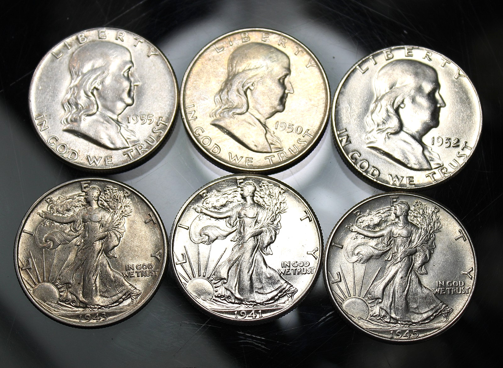 Lot of 6, Better Date Franklin & Walking Liberty Half Dollars !!