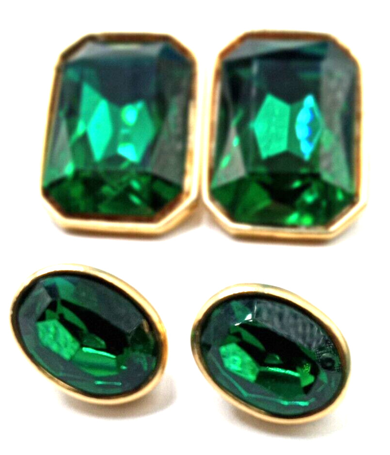 Vtg Fabulous Rectangle & Oval Xmas Green Faceted Glass Pierced Earrings Lot of 2
