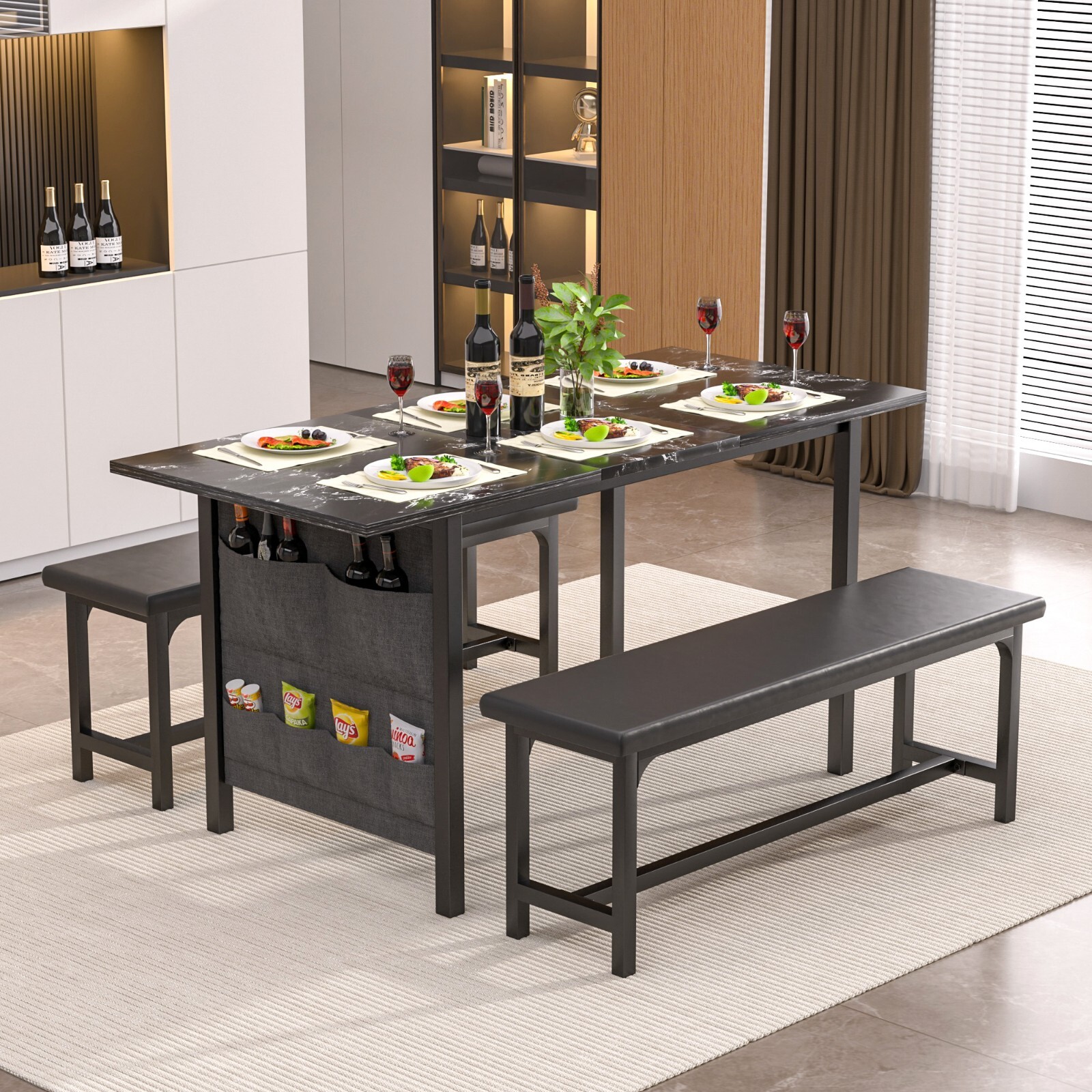 Extendable Dining Room Table Set +2 Benches Kitchen Wood Set for 4-6 Small Space