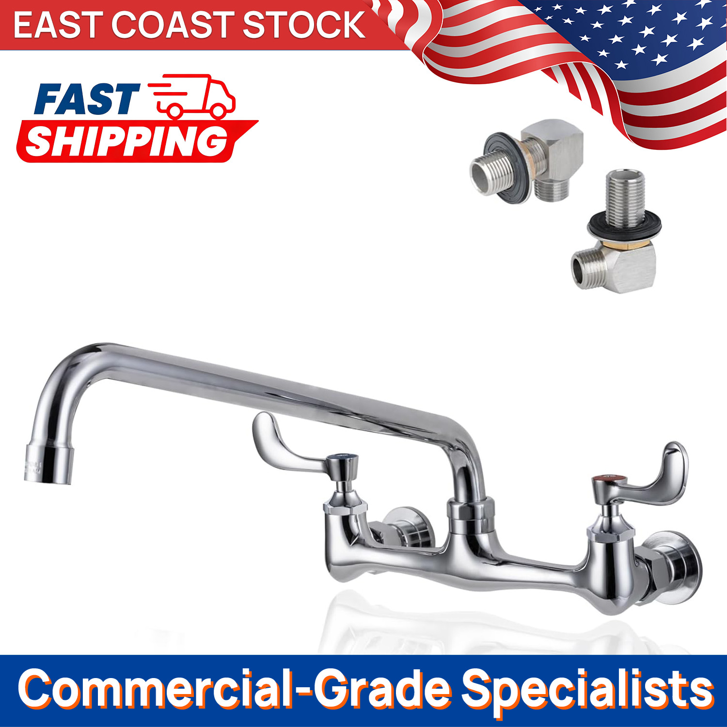 Commercial 8" Wall Mount Faucet with 12" Swivel Spout & Wrist Blade Handles