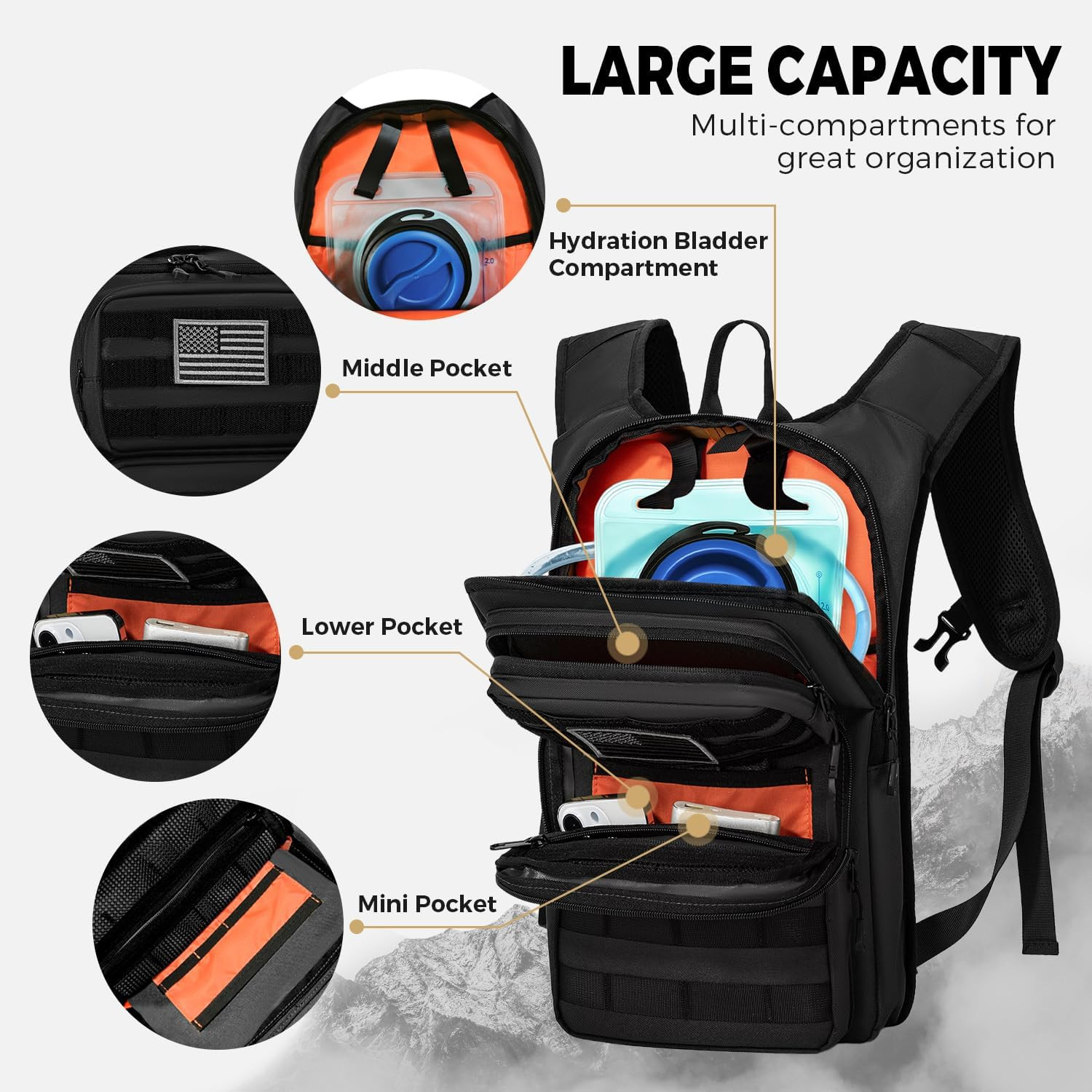 Tactical Hydration Backpack with 2L Water Bladder and Front Small Tactical Pouch