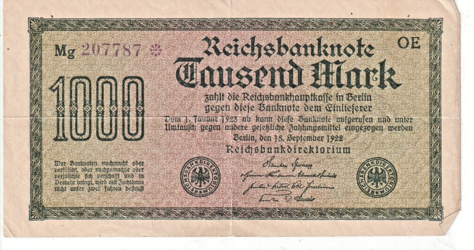 1922 Germany 1000 Mark ReichsBanknote  P# 76 - Fine - # 23471